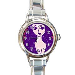 Purple Cat Ear Hat Girl Floral Wall Round Italian Charm Watch by snowwhitegirl