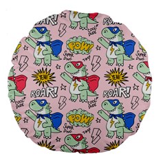 Seamless Pattern With Many Funny Cute Superhero Dinosaurs T Rex Mask Cloak With Comics Style Large 18  Premium Flano Round Cushions by BangZart