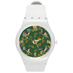 Cute Seamless Pattern Bird With Berries Leaves Round Plastic Sport Watch (m)