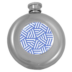 Geometric Blue And White Lines, Stripes Pattern Round Hip Flask (5 Oz) by Casemiro