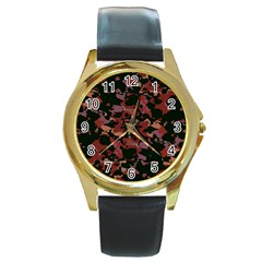 Red Dark Camo Abstract Print Round Gold Metal Watch by dflcprintsclothing