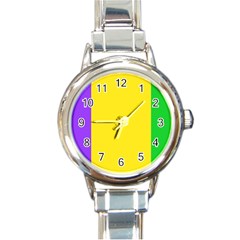 Carnival Mardi Gras Purple Yellow Green Stripes Round Italian Charm Watch by yoursparklingshop