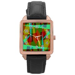 Rainbow Colors Palette Mix, Abstract Triangles, Asymmetric Pattern Rose Gold Leather Watch 