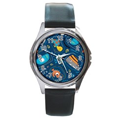 Seamless Pattern Vector Submarine With Sea Animals Cartoon Round Metal Watch by Amaryn4rt