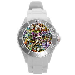 Graffiti Word Seamless Pattern Round Plastic Sport Watch (l)