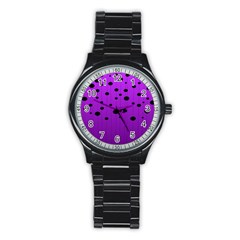 Two Tone Purple With Black Strings And Ovals, Dots  Geometric Pattern Stainless Steel Round Watch by Casemiro