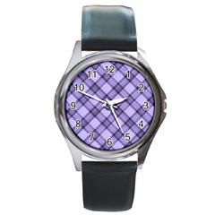 Pastel Purple And Steel Black Lines Pattern, Retro Tartan, Classic Plaid Round Metal Watch by Casemiro