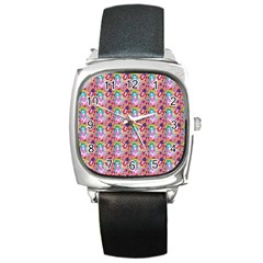 Blue Haired Girl Pattern Pink Square Metal Watch by snowwhitegirl