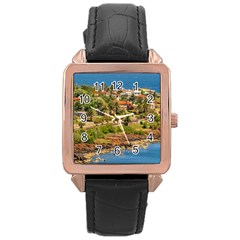 Punta Colorada Aerial Landscape Scene, Uruguay Rose Gold Leather Watch  by dflcprintsclothing