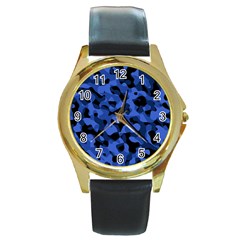 Black And Blue Camouflage Pattern Round Gold Metal Watch