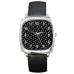 Cat Dog Animal Paw Prints Black And White Square Metal Watch by SpinnyChairDesigns