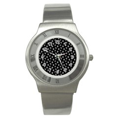 Cat Dog Animal Paw Prints Black And White Stainless Steel Watch by SpinnyChairDesigns