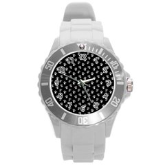 Cat Dog Animal Paw Prints Black And White Round Plastic Sport Watch (l) by SpinnyChairDesigns