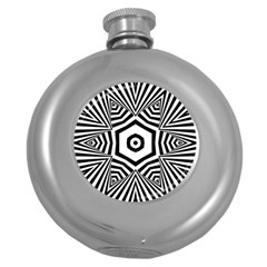 Black And White Line Art Stripes Pattern Round Hip Flask (5 Oz) by SpinnyChairDesigns