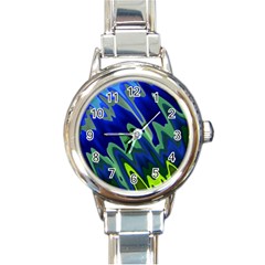 Blue Green Zig Zag Waves Pattern Round Italian Charm Watch by SpinnyChairDesigns