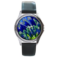 Blue Green Zig Zag Waves Pattern Round Metal Watch by SpinnyChairDesigns