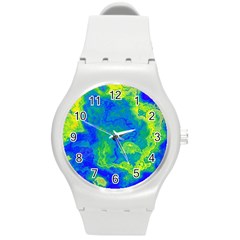 Neon Green Blue Grunge Texture Pattern Round Plastic Sport Watch (m) by SpinnyChairDesigns