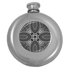 Black And White Intricate Pattern Round Hip Flask (5 Oz) by SpinnyChairDesigns