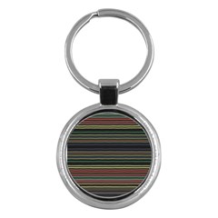 Dark Rust Red And Green Stripes Pattern Key Chain (round) by SpinnyChairDesigns