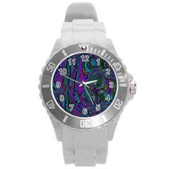 Purple Teal Abstract Jungle Print Pattern Round Plastic Sport Watch (l) by SpinnyChairDesigns