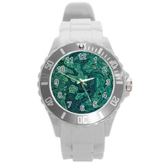 Dark Green Marbled Texture Round Plastic Sport Watch (l) by SpinnyChairDesigns