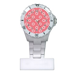 Coral Pink And White Circles Polka Dots Plastic Nurses Watch by SpinnyChairDesigns