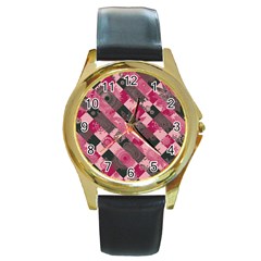 Abstract Pink Grey Stripes Round Gold Metal Watch by SpinnyChairDesigns