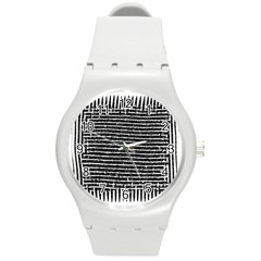 Black And White Abstract Grunge Stripes Round Plastic Sport Watch (m) by SpinnyChairDesigns