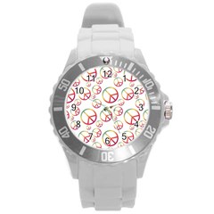 Colorful Rainbow Peace Symbols Round Plastic Sport Watch (l) by SpinnyChairDesigns