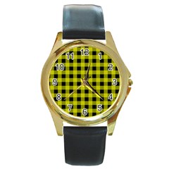 Yellow Black Buffalo Plaid Round Gold Metal Watch