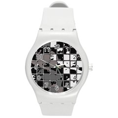 Black And White Checkered Grunge Pattern Round Plastic Sport Watch (m) by SpinnyChairDesigns