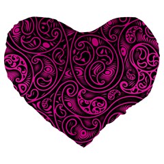 Hot Pink And Black Paisley Swirls Large 19  Premium Heart Shape Cushions by SpinnyChairDesigns