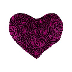 Hot Pink And Black Paisley Swirls Standard 16  Premium Flano Heart Shape Cushions by SpinnyChairDesigns