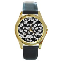 Black And White Triangles Pattern Round Gold Metal Watch by SpinnyChairDesigns