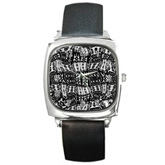 Abstract Black And White Stripes Checkered Pattern Square Metal Watch by SpinnyChairDesigns