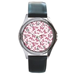 Blush Pink Color Butterflies Round Metal Watch by SpinnyChairDesigns