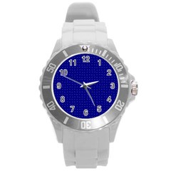 Navy Blue Color Polka Dots Round Plastic Sport Watch (l) by SpinnyChairDesigns