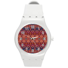 Boho Light Brown Blue Pattern Round Plastic Sport Watch (m) by SpinnyChairDesigns