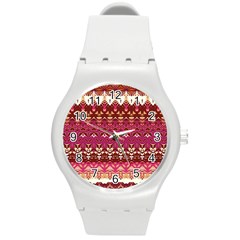 Boho Fuschia And Gold Pattern Round Plastic Sport Watch (m) by SpinnyChairDesigns