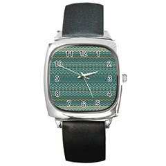 Boho Teal Green Stripes Square Metal Watch by SpinnyChairDesigns