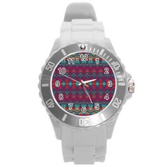 Boho Red Teal Pattern Round Plastic Sport Watch (l) by SpinnyChairDesigns