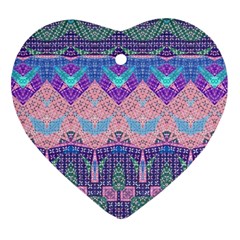 Boho Patchwork Violet Pink Green Ornament (heart) by SpinnyChairDesigns