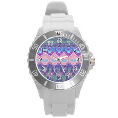 Boho Patchwork Violet Pink Green Round Plastic Sport Watch (l) by SpinnyChairDesigns