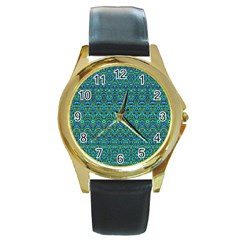 Boho Teal Green Blue Pattern Round Gold Metal Watch by SpinnyChairDesigns