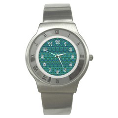 Boho Teal Green Blue Pattern Stainless Steel Watch by SpinnyChairDesigns