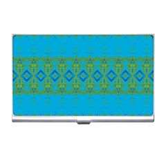 Boho Blue Green Pattern Business Card Holder by SpinnyChairDesigns