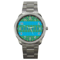 Boho Blue Green Pattern Sport Metal Watch by SpinnyChairDesigns