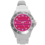 Boho Bright Pink Floral Round Plastic Sport Watch (L) Front