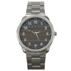 Boho Blue Gold Pattern Sport Metal Watch by SpinnyChairDesigns