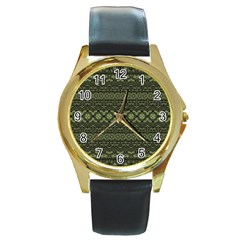 Boho Sage Green Black Round Gold Metal Watch by SpinnyChairDesigns